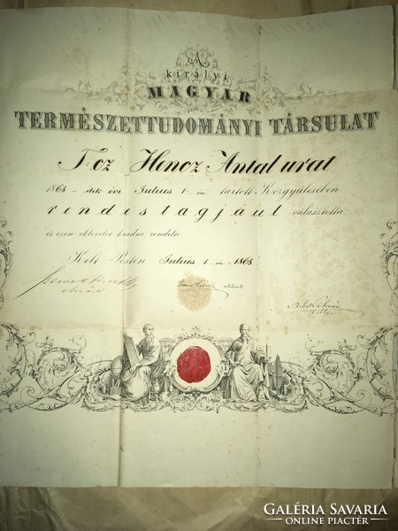 Certificate of the Royal Hungarian Society of Natural Sciences 1868!! Hencz elects Mr. Antal as its regular member