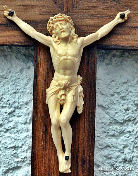 IB. 25. Antik, csont őrlemény Jézus Krisztus (11 cm) 30 cm feszület, kereszt, korpusz