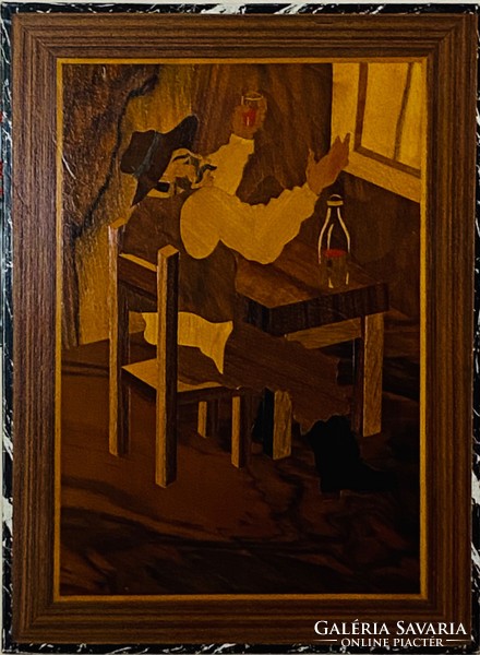 Intarziás Iparművészeti Zsűrizett Kép “Bor mellett” a kép címe
