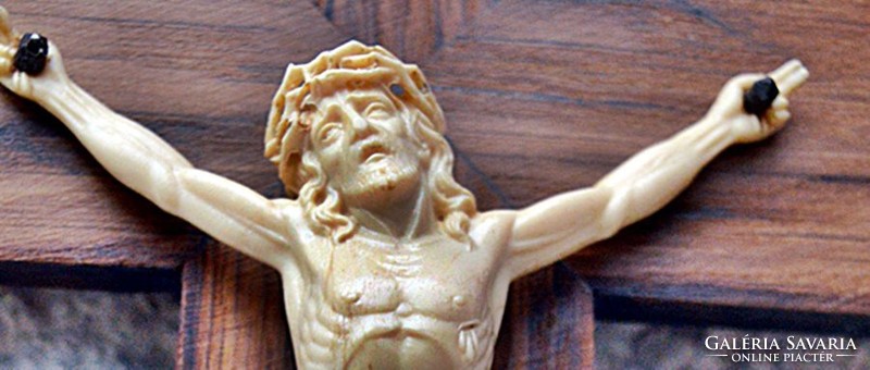IB. 25. Antik, csont őrlemény Jézus Krisztus (11 cm) 30 cm feszület, kereszt, korpusz