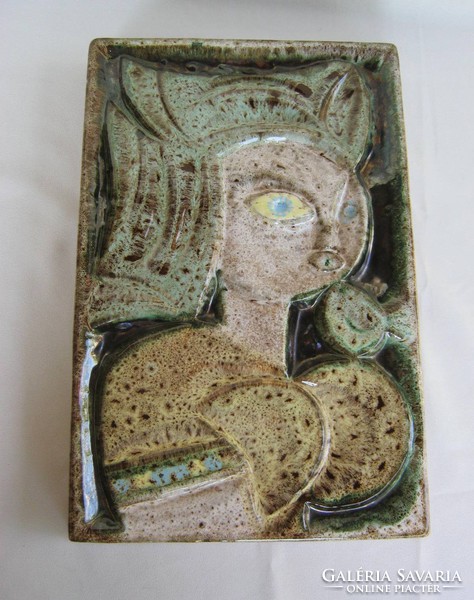 Woman with a bird glazed ceramic pyrogranite mural Zsolnay