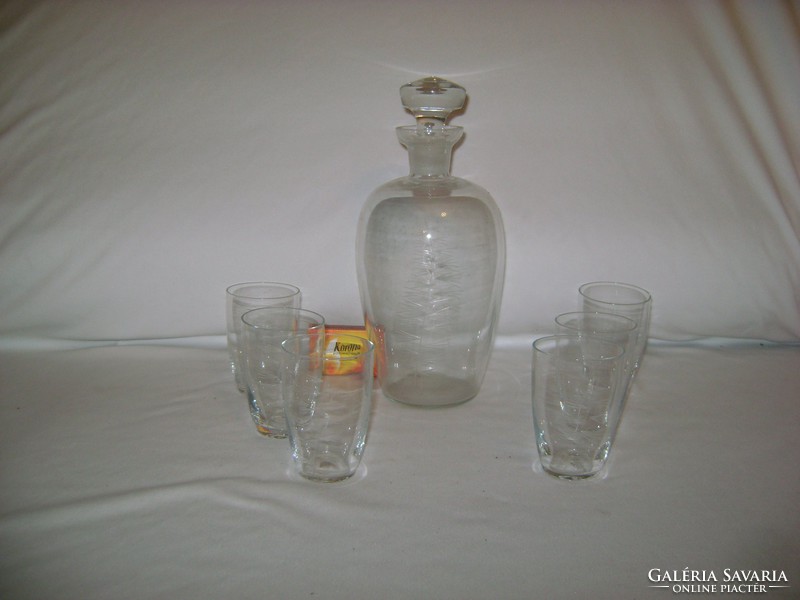 Old, engraved glass wine set - one decanter, six glasses - complete, flawless