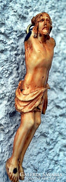 28. Antik CSONT Jézus Krisztus torzó 11 cm, kereszt, korpusz, feszület ~ 320 éves.