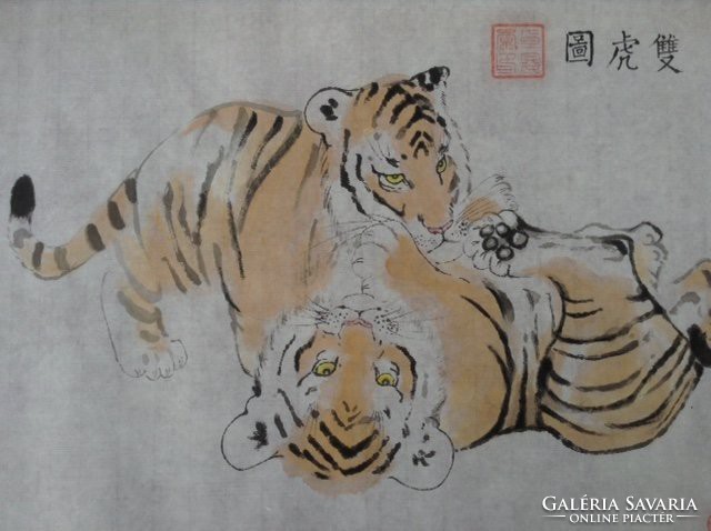 Kínai tigris cica tus festmény rizspapíron akvarell pecsét sárga fekete fehér keleti szignózott