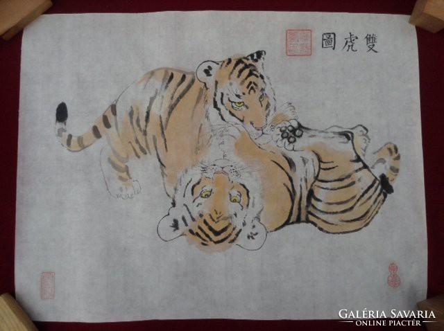 Kínai tigris cica tus festmény rizspapíron akvarell pecsét sárga fekete fehér keleti szignózott