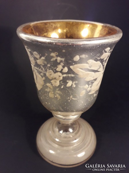 Price drop!!! Antique painted glass goblet with a gorgeous golden inner surface from the beginning of the last century