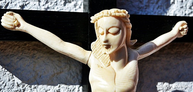 4. Antik, CSONT Jézus Krisztus (22cm), 45cm feszület, aprólékos, kereszt, korpusz