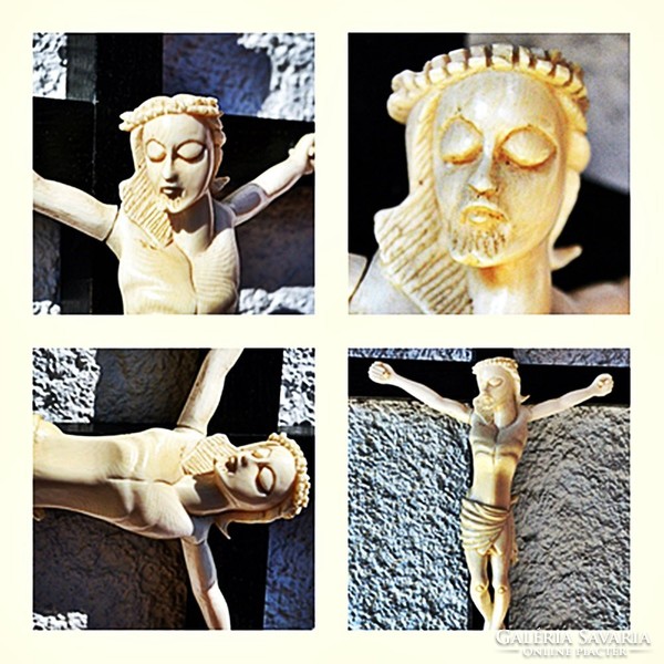 4. Antik, CSONT Jézus Krisztus (22cm), 45cm feszület, aprólékos, kereszt, korpusz