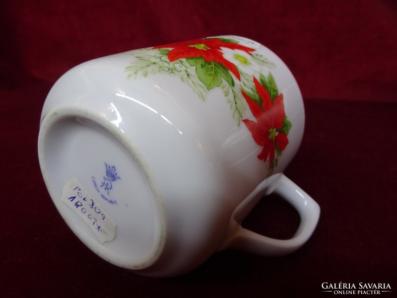Quality Czech porcelain mug with poinsettia. He kept it in a display case. He has!