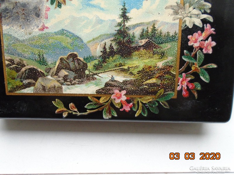 19.sz RITKA Viktoriánus kézzel festett alpesi tájképpel  ebonizált fa ékszertartó