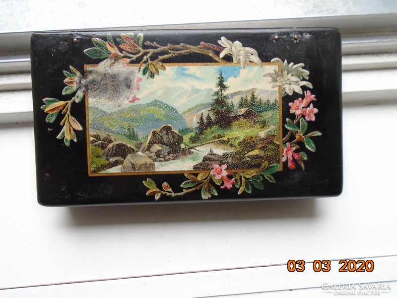 19th century wooden jewelery holder with ebonized rare Victorian hand-painted alpine landscape