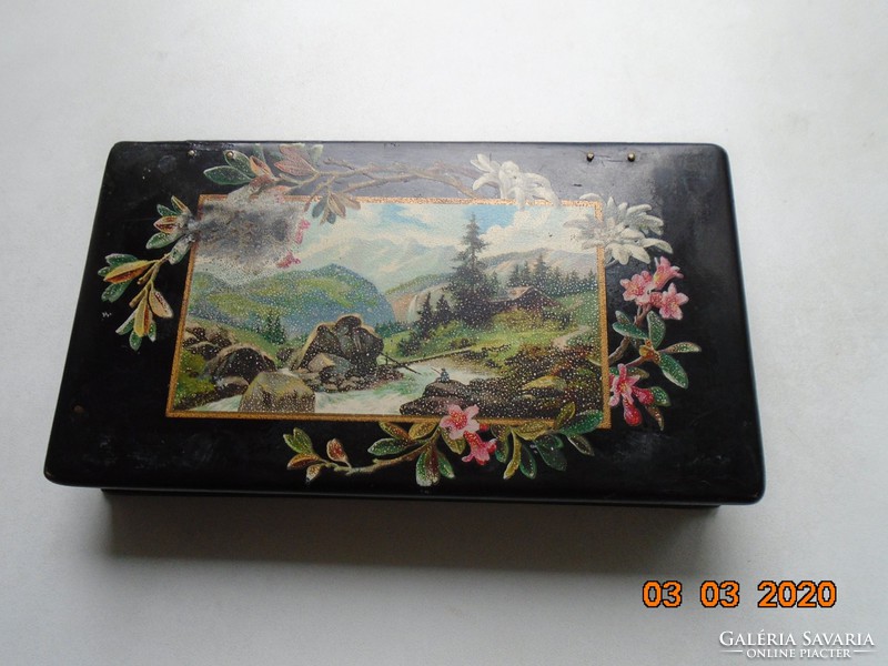 19.sz RITKA Viktoriánus kézzel festett alpesi tájképpel  ebonizált fa ékszertartó