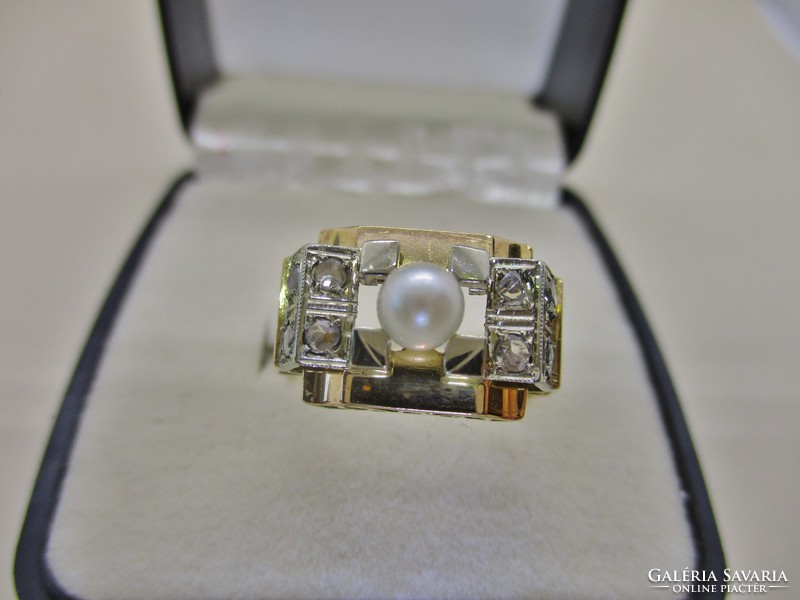 Wonderful antique art deco 18kt gold ring with pearl and 0.24ct diamond sale!