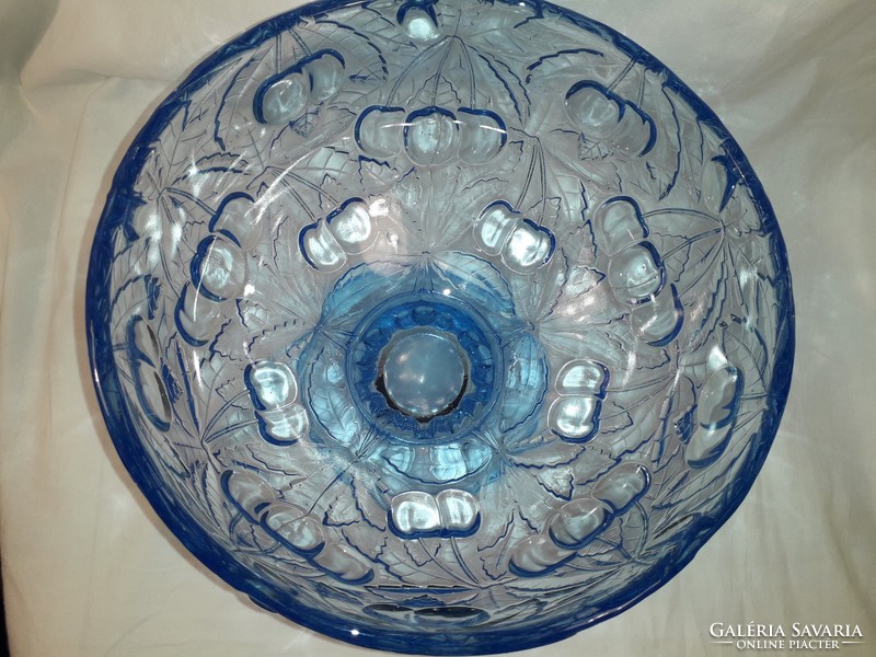 Barolac cseresznye mintás kék üveg talpas kínáló tál asztalközép