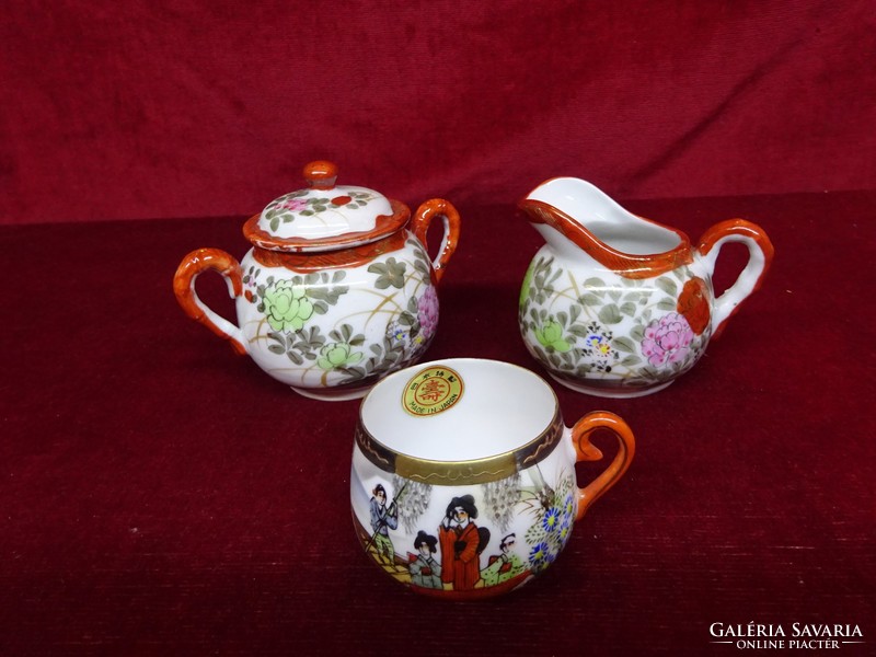 Japanese porcelain sugar bowl, milk pourer, coffee cup. Antique hand painted pieces. He has!