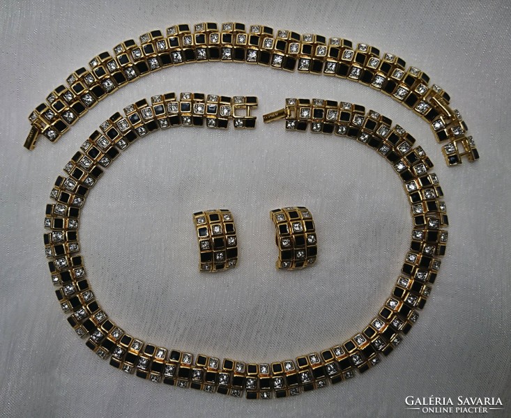 D'orlan susan caplan english jewelry set, black enamel swarovski crystal, 22 carat gold plating