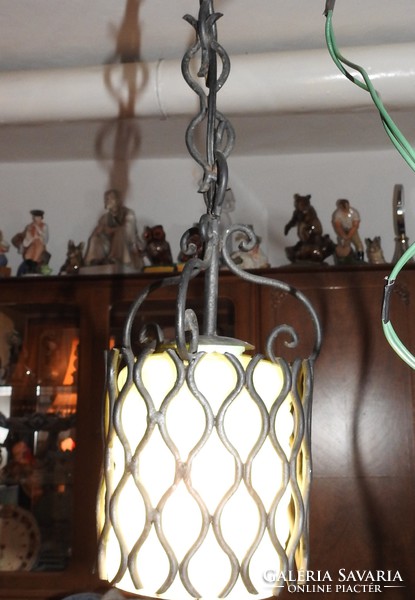 Vintage pendant lamp in wrought iron with bubble light green glass shade