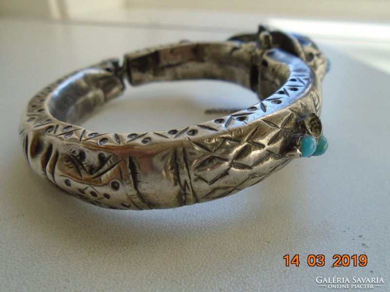 Museum tribal jewelry, domed, sliding, hollow bracelet with turquoise stones