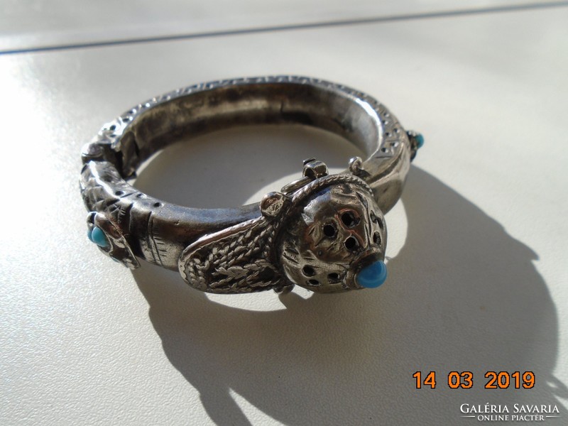 Museum tribal jewelry, domed, sliding, hollow bracelet with turquoise stones