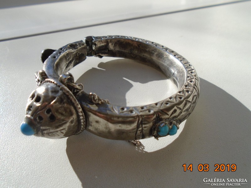 Museum tribal jewelry, domed, sliding, hollow bracelet with turquoise stones