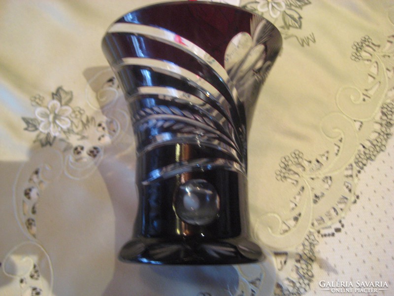 Lead crystal vase, dark burgundy, polished from the sixties, 18 cm