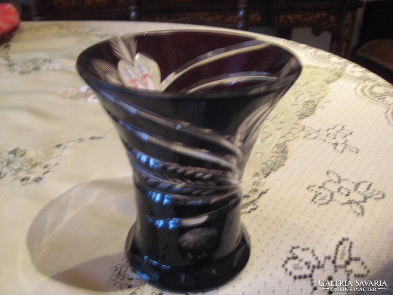 Lead crystal vase, dark burgundy, polished from the sixties, 18 cm
