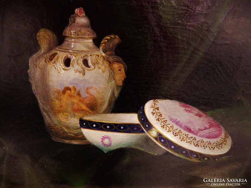 Hungarian painter: porcelain still life, oil painting