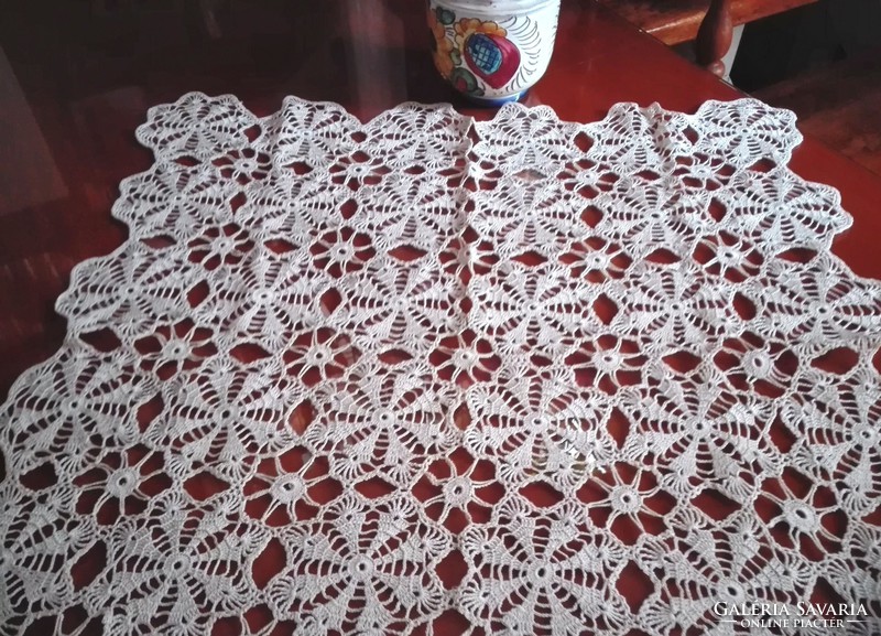 Hand crocheted beige tablecloth, 70 x 70 cm