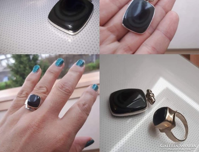 Silver ring and pendant set with rainbow obsidian stone