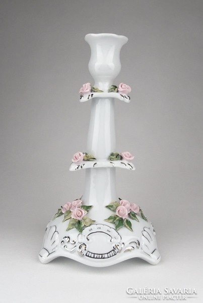 0Z709 Nagyméretű rózsás porcelán gyertyatartó 24cm