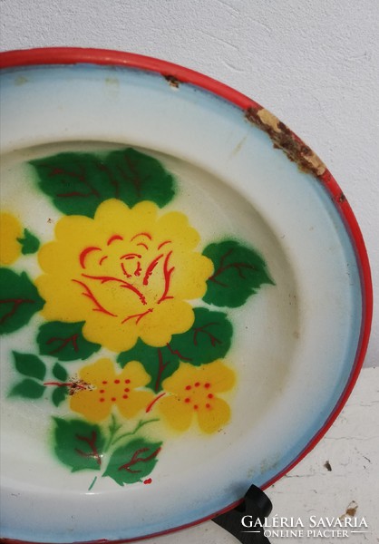 Gyönyörű ritka Budafok zománcos, Zománcozott virágos tányér, nosztalgia darab, paraszti dekoráció