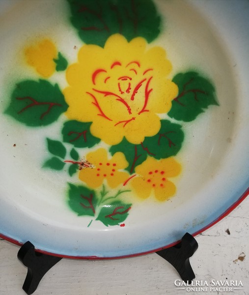 Gyönyörű ritka Budafok zománcos, Zománcozott virágos tányér, nosztalgia darab, paraszti dekoráció