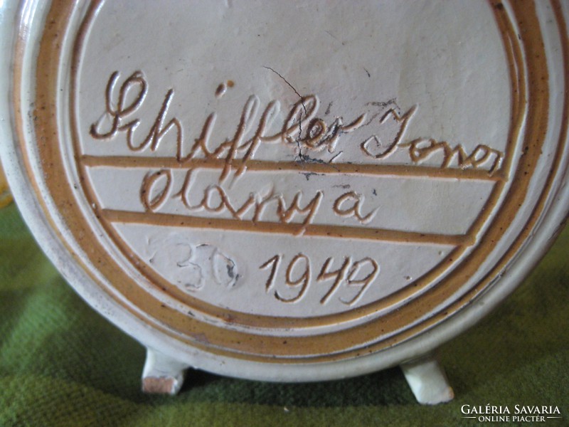 Óbányai  , régi pálinkás  kulacs  , Schiffler János  fazekastól  1949 ből  12 cm