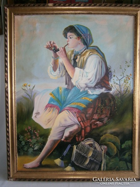 Pipázó cigány lány szignózott festmény. Olaj-vászon technika, ismeretlen festő munkája.