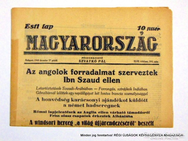 1940 december 27  /  MAGYARORSZÁG  /  Régi ÚJSÁGOK KÉPREGÉNYEK MAGAZINOK Szs.:  9024