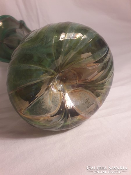 Vaclav Stepanek JELZETT üveg váza Loetz stílusú - Jack in the Pulpit - nagy méretű, zöld arany színű