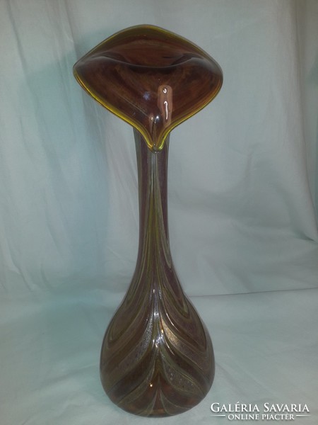 Vaclav Stepanek jelzett üveg váza, Loetz stílusú  Jack in the Pulpit  nagy méretű, bronz arany színű