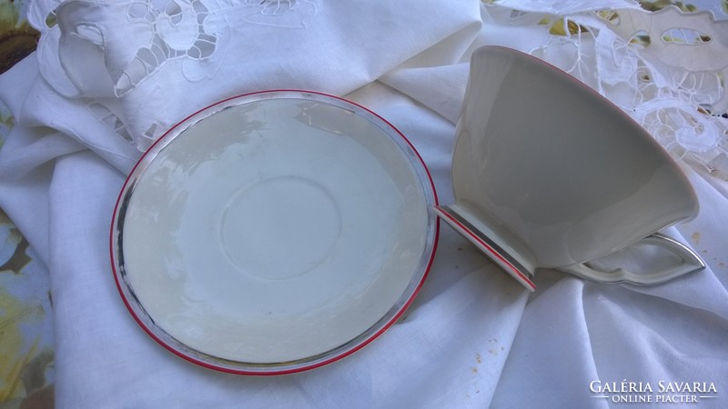 Chodau igényes-elegáns teáscsésze tányérral bézs ezüst-narancs csíkkal- 4 db