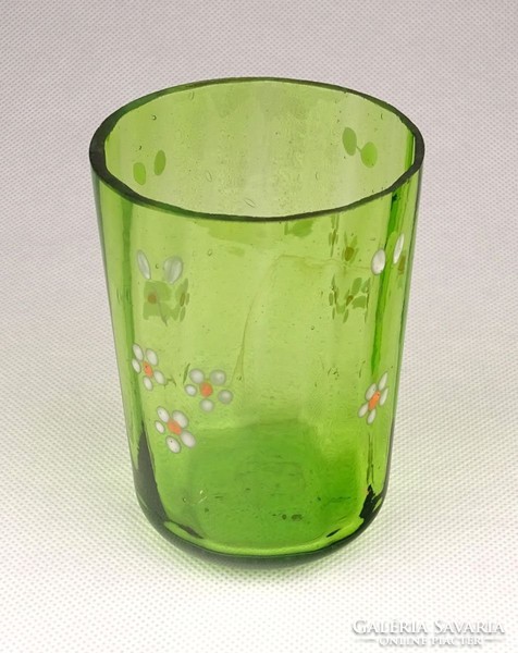 0Z923 Régi festett gerezdes zöld fújt üveg pohár
