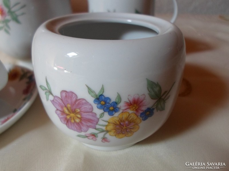 Alföldi Porcelán virágos kávéskészlet, 1 személyes (kiöntők, cukortartó, csésze alátéttel)
