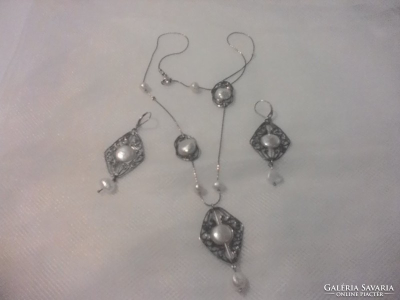 Israeli silver earrings and necklace with pearls