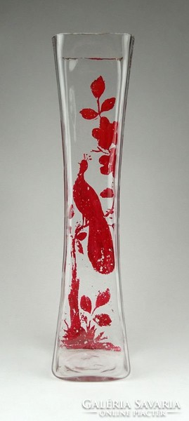 0Z972 Régi festett nagyméretű fújt üveg pávás váza