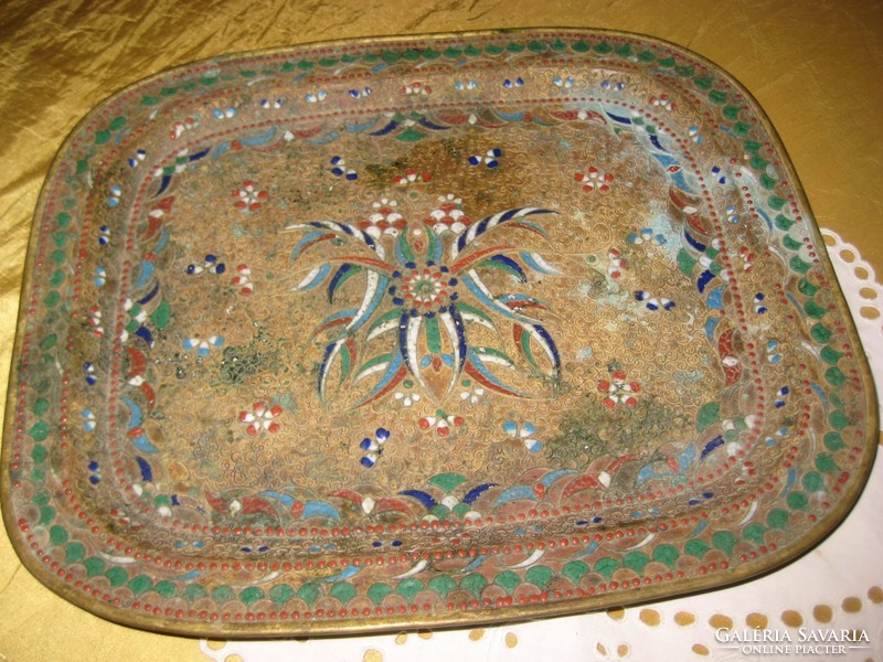 Antique, oriental tray, rich in detail, meticulous handwork, with colorful fire enamel inserts
