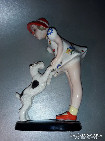 GOLDSCHEIDER - kislány a foxijával - sérült porcelán szobor figura eredeti jelzett SÉRÜLT