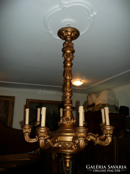 Dreamy, large, hand-carved 8-branched antique wooden chandelier