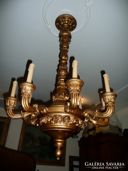 Dreamy, large, hand-carved 8-branched antique wooden chandelier
