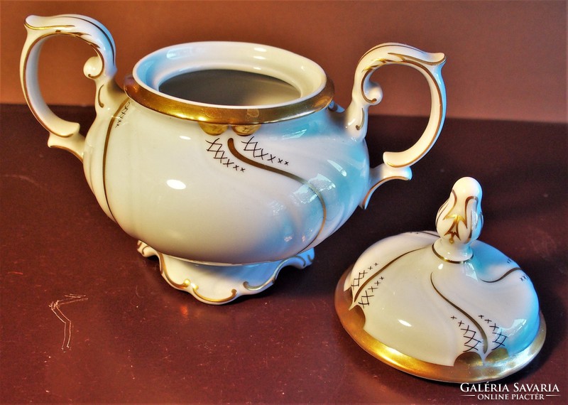 Vintage Freiberger porcelán cukortartó, német gyártmány, hófehér színű, arany díszítéssel 