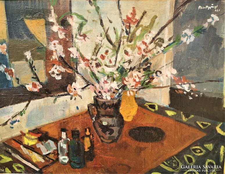 Szentgyörgyi Kornél (1916-2006) Virágcsendélet Képcsarnokos festménye 86x66cm EREDETI GARANCIÁVAL !!