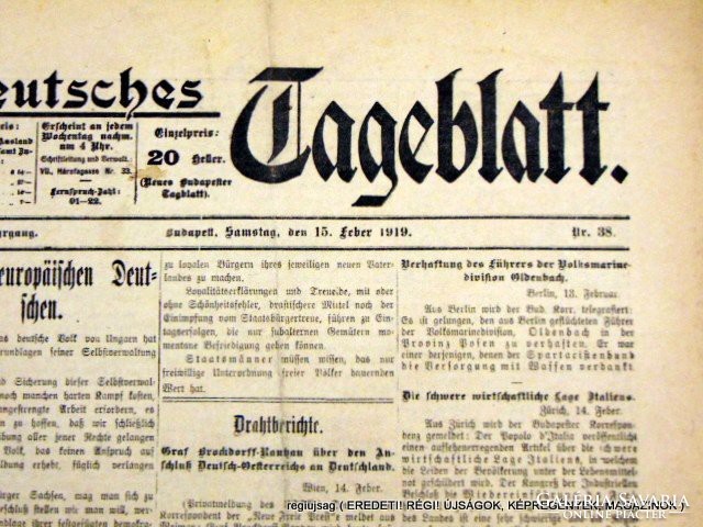 1919 február 15  /  DEUTSCHES TAGEBLATT  /  regiujsag (EREDETI Külföldi újságok) Szs.:  12080