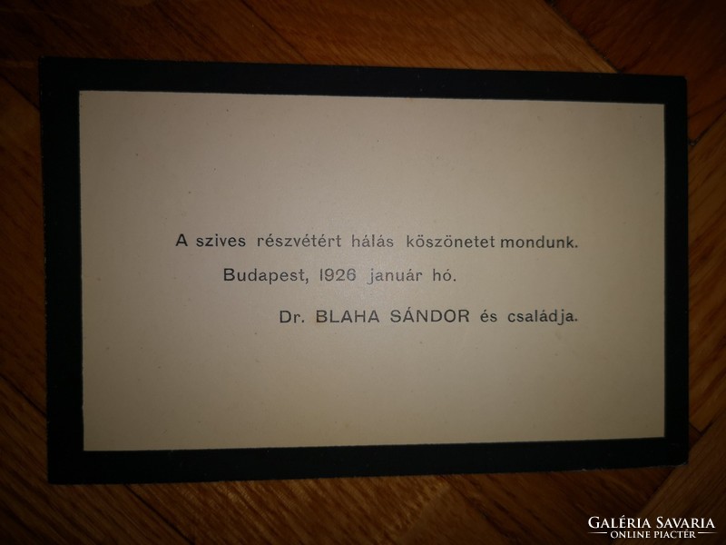 Blaha Sándor (1874-1948) belügyminisztériumi államtitkár, Blaha Lujza fiának köszönőkártyája